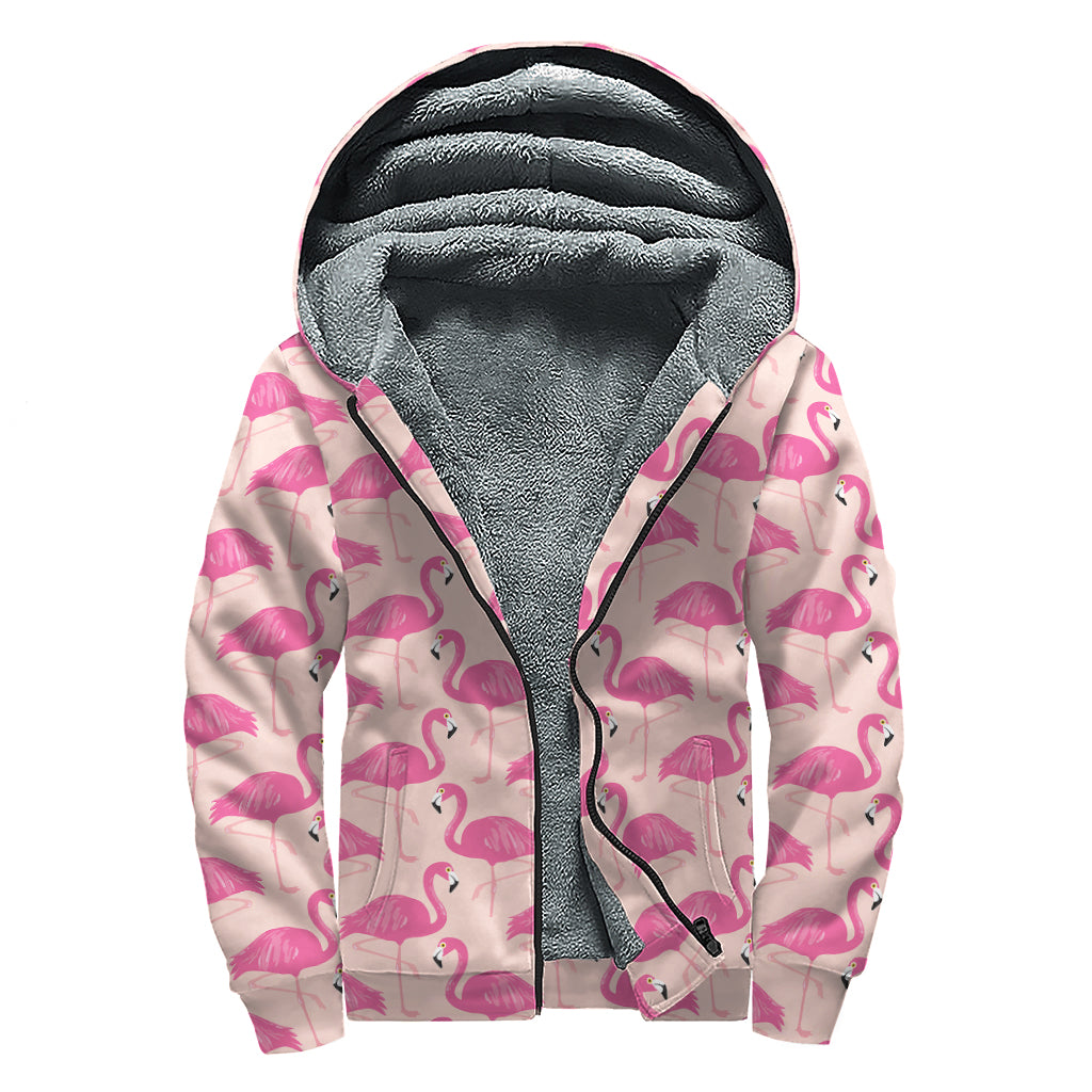 Pink Flamingo Pattern Print Sherpa Lined Zip Up Hoodie