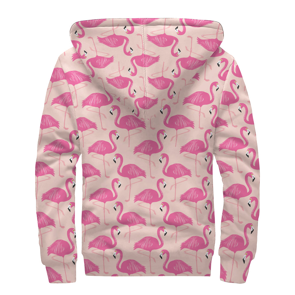 Pink Flamingo Pattern Print Sherpa Lined Zip Up Hoodie