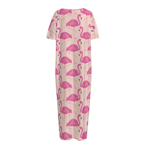 Pink Flamingo Pattern Print Short Sleeve Long Nightdress