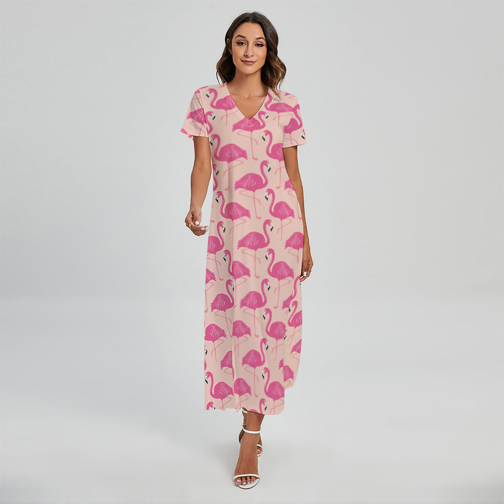 Pink Flamingo Pattern Print Short Sleeve Maxi Dress