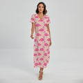 Pink Flamingo Pattern Print Short Sleeve Maxi Dress