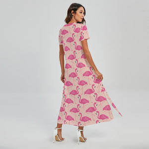 Pink Flamingo Pattern Print Short Sleeve Maxi Dress