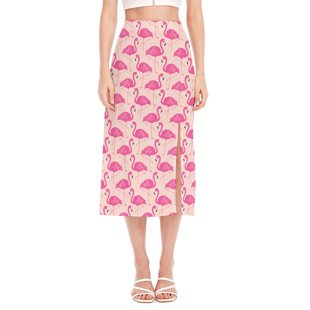 Pink Flamingo Pattern Print Side Slit Midi Skirt