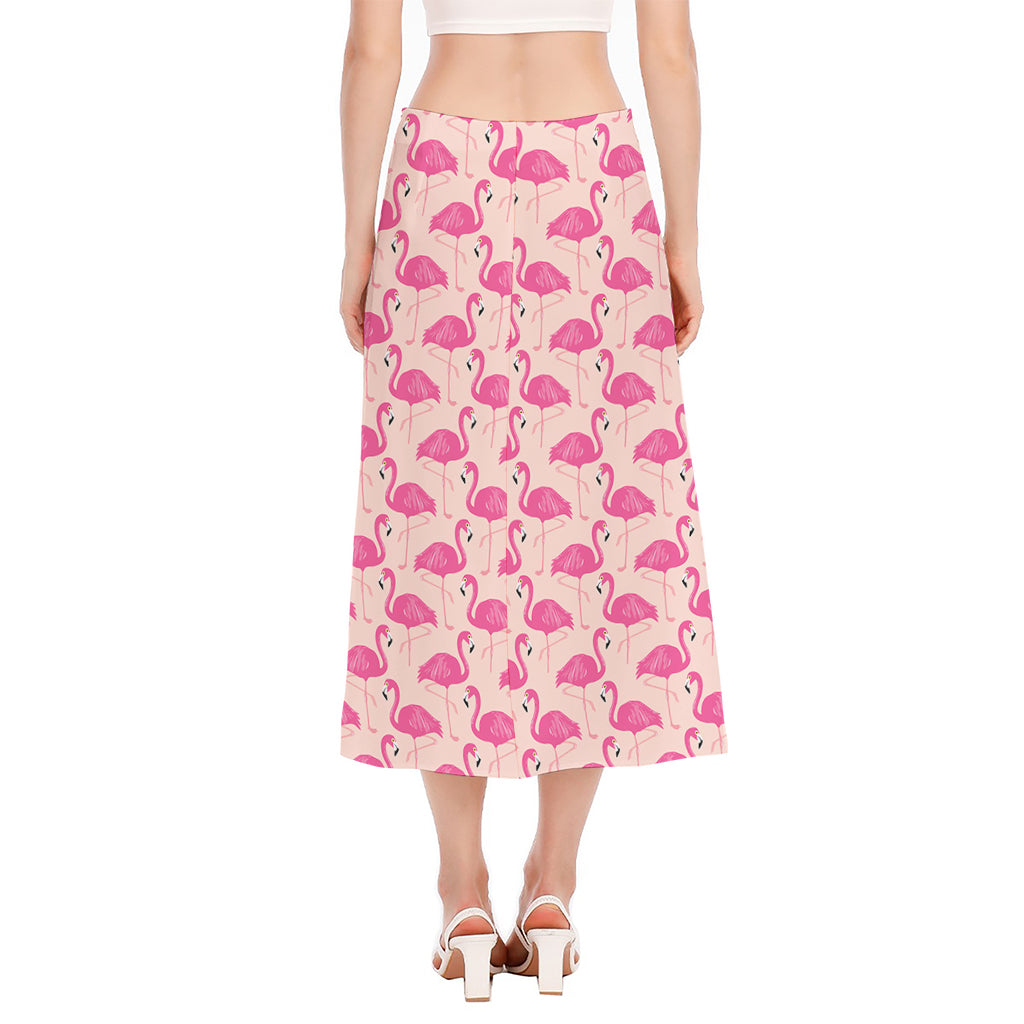 Pink Flamingo Pattern Print Side Slit Midi Skirt