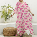 Pink Flamingo Pattern Print Silk V-Neck Kaftan Dress