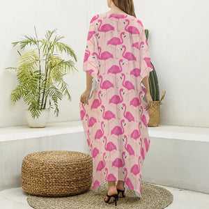 Pink Flamingo Pattern Print Silk V-Neck Kaftan Dress