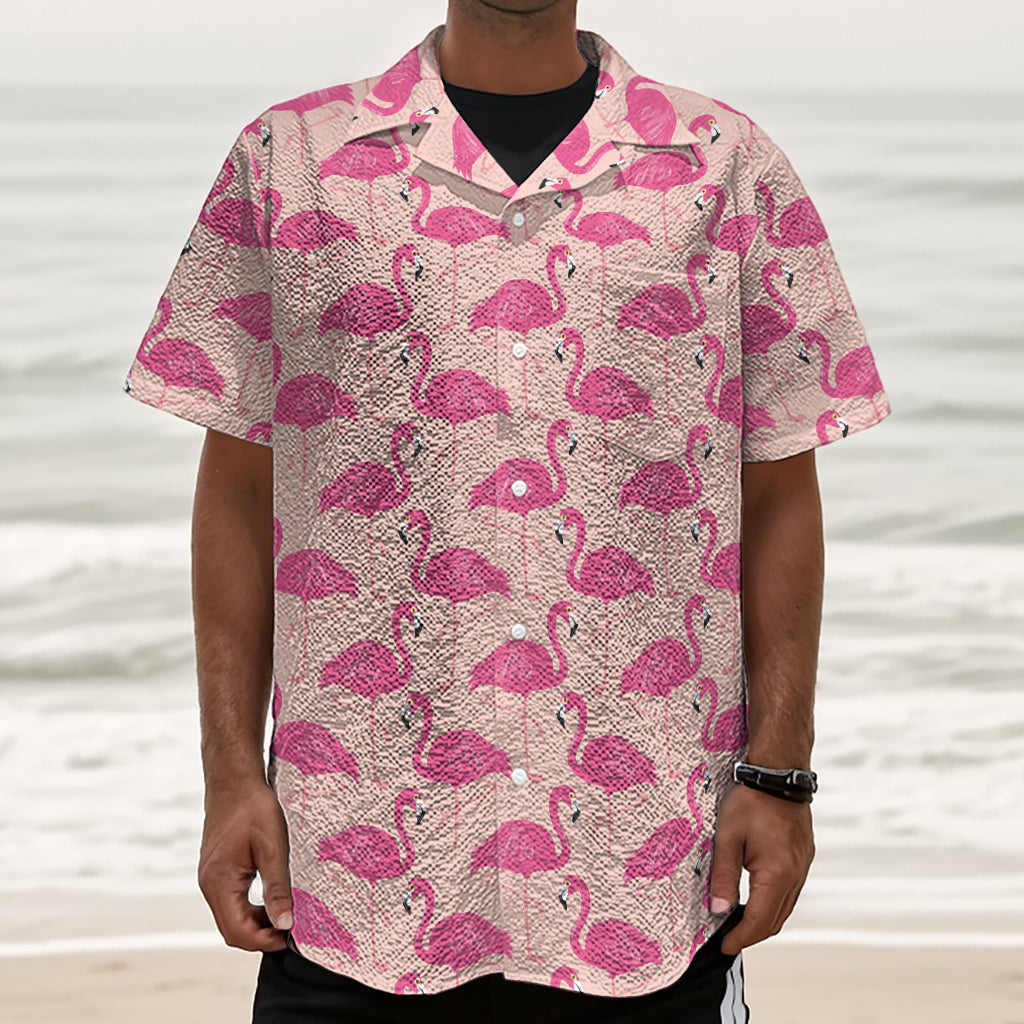 Pink Flamingo Pattern Print Textured Short Sleeve Shirt