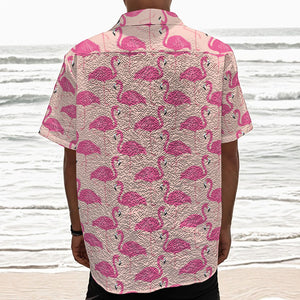 Pink Flamingo Pattern Print Textured Short Sleeve Shirt