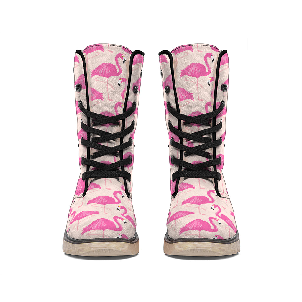 Pink Flamingo Pattern Print Winter Boots