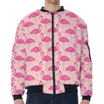 Pink Flamingo Pattern Print Zip Sleeve Bomber Jacket