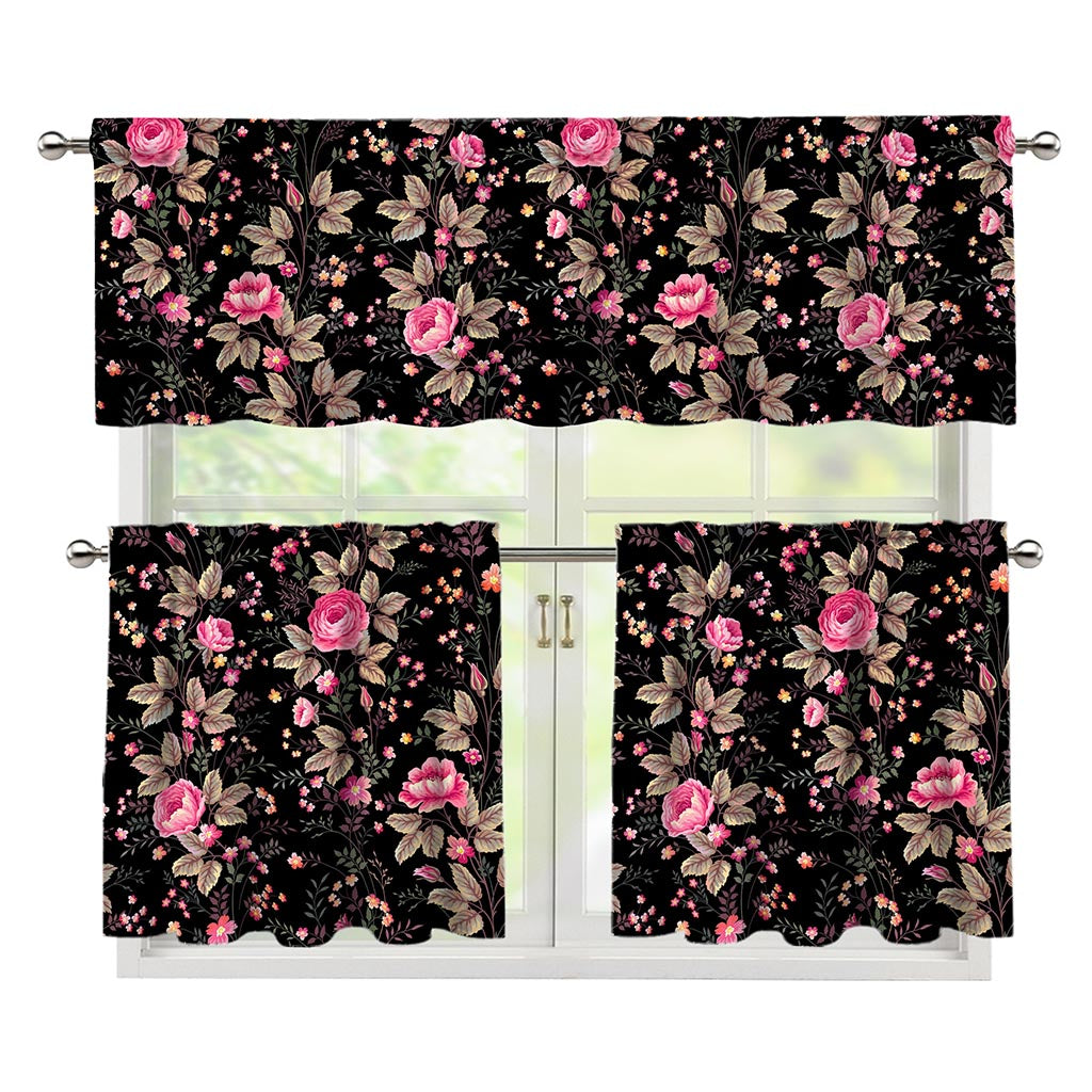Pink Floral Flower Pattern Print 3 Piece Kitchen Curtains