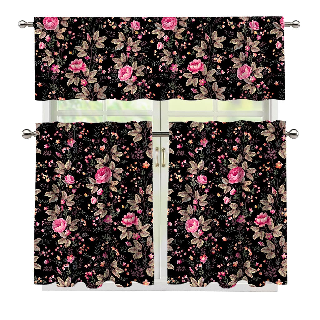 Pink Floral Flower Pattern Print 3 Piece Kitchen Curtains