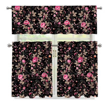Pink Floral Flower Pattern Print 3 Piece Kitchen Curtains