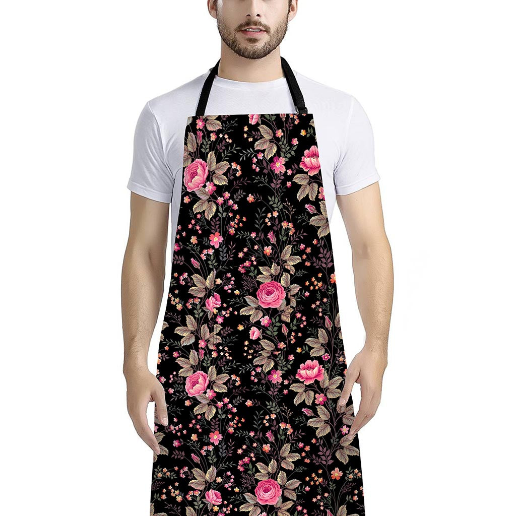 Pink Floral Flower Pattern Print Bib Apron With Pocket