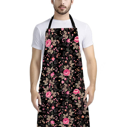 Pink Floral Flower Pattern Print Bib Apron With Pocket