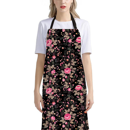 Pink Floral Flower Pattern Print Bib Apron With Pocket