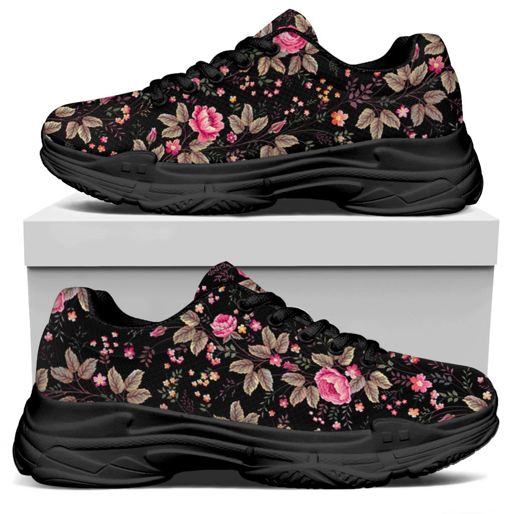 Pink Floral Flower Pattern Print Black Chunky Shoes