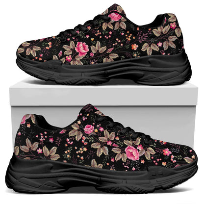 Pink Floral Flower Pattern Print Black Chunky Shoes