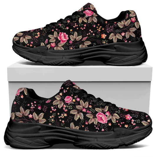 Pink Floral Flower Pattern Print Black Chunky Shoes