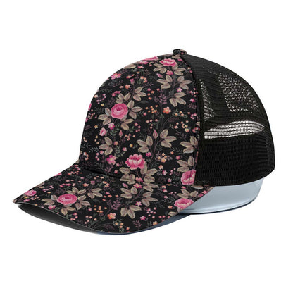 Pink Floral Flower Pattern Print Black Mesh Trucker Cap