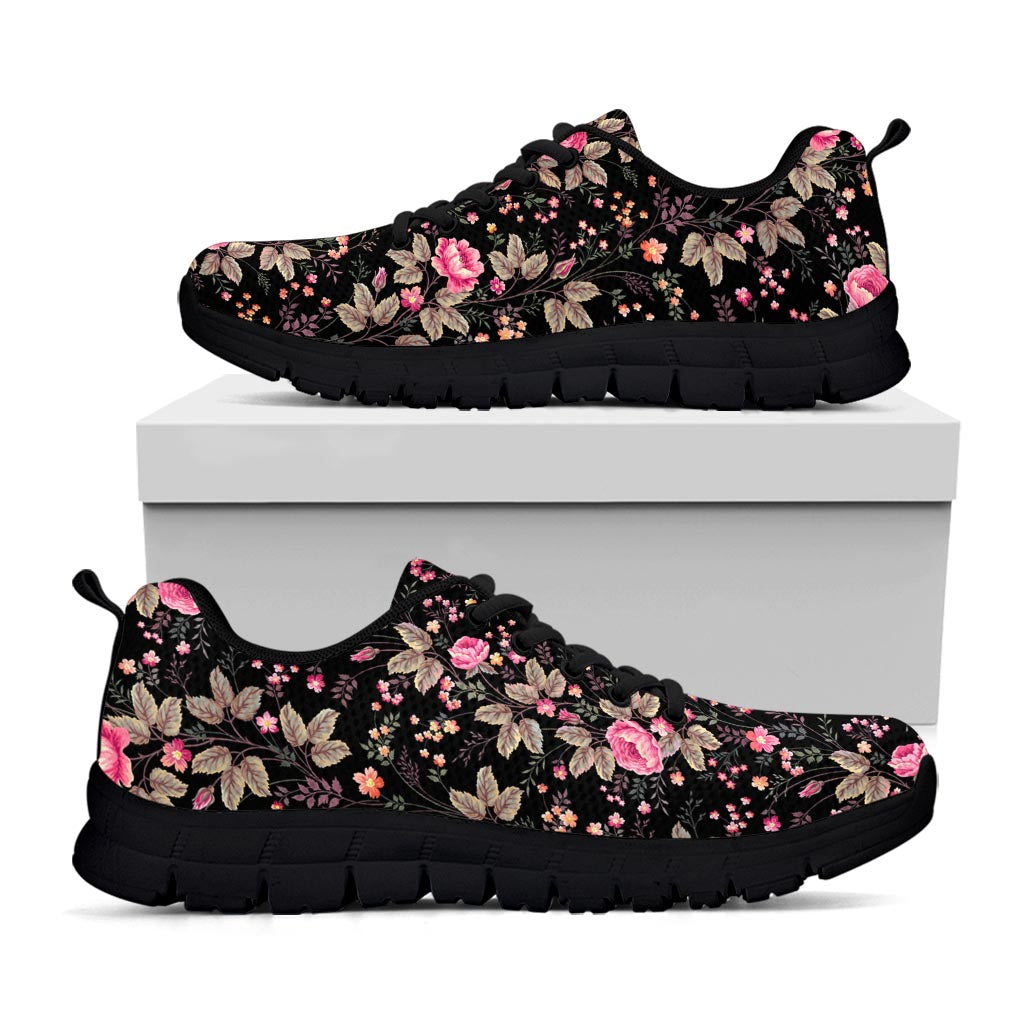 Pink Floral Flower Pattern Print Black Running Shoes