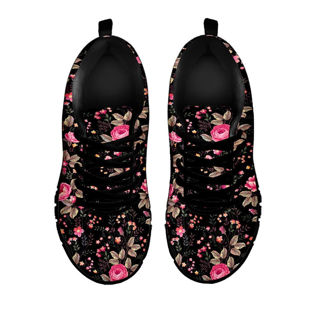 Pink Floral Flower Pattern Print Black Running Shoes