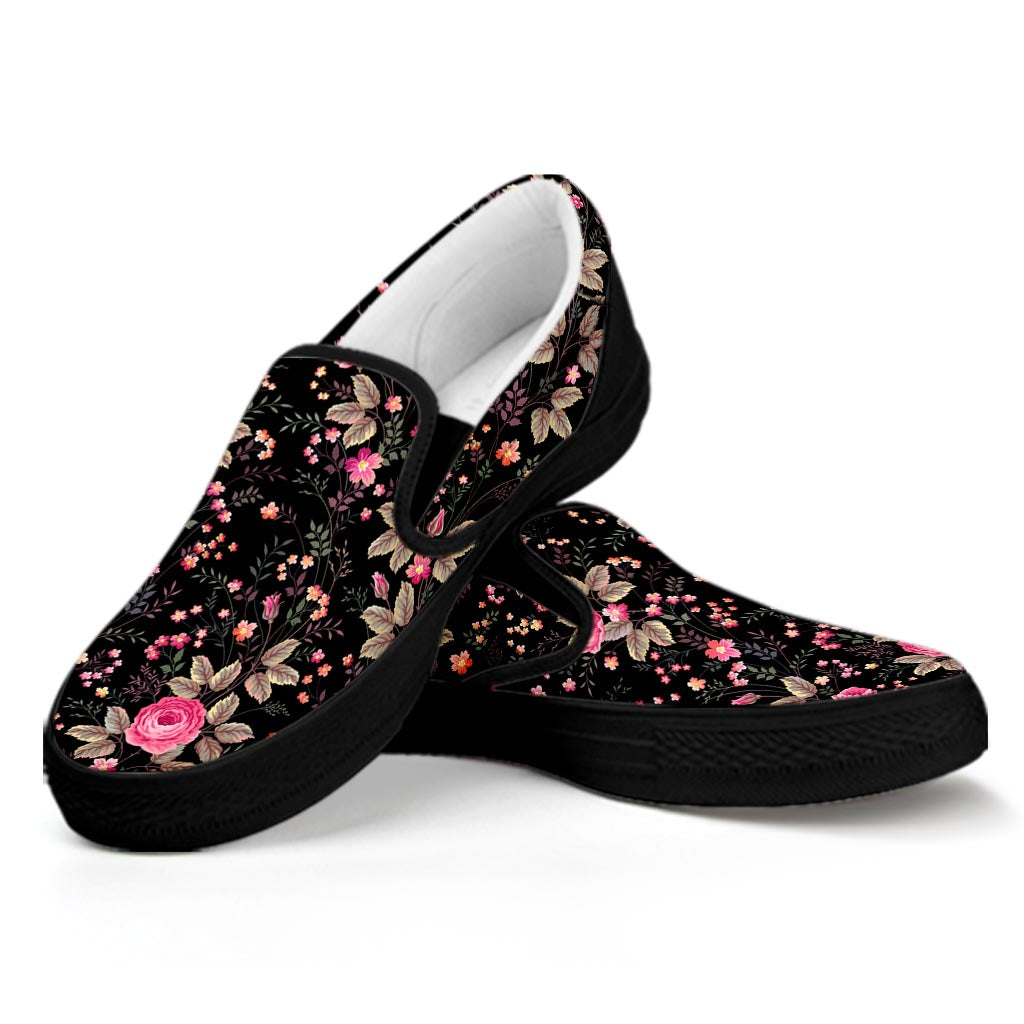 Pink Floral Flower Pattern Print Black Slip On Sneakers