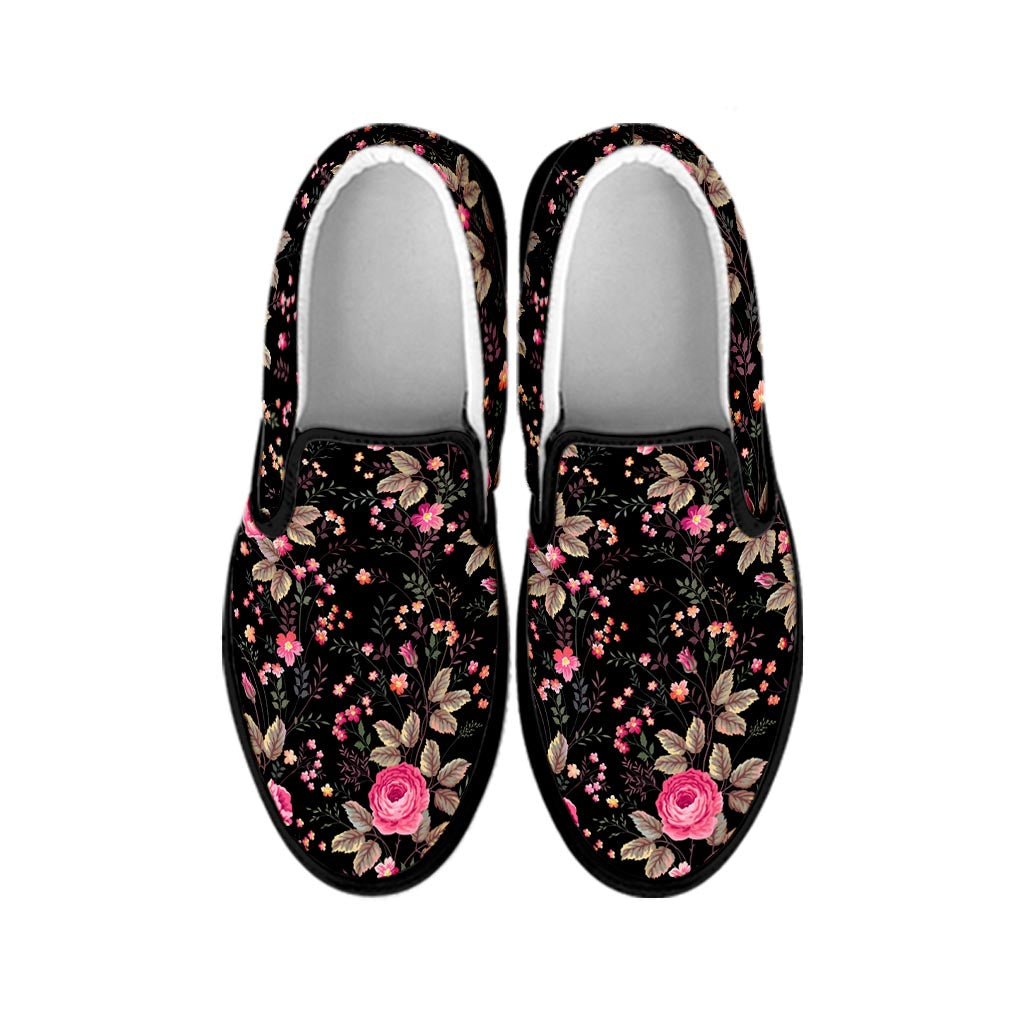 Pink Floral Flower Pattern Print Black Slip On Sneakers