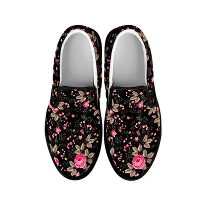 Pink Floral Flower Pattern Print Black Slip On Sneakers