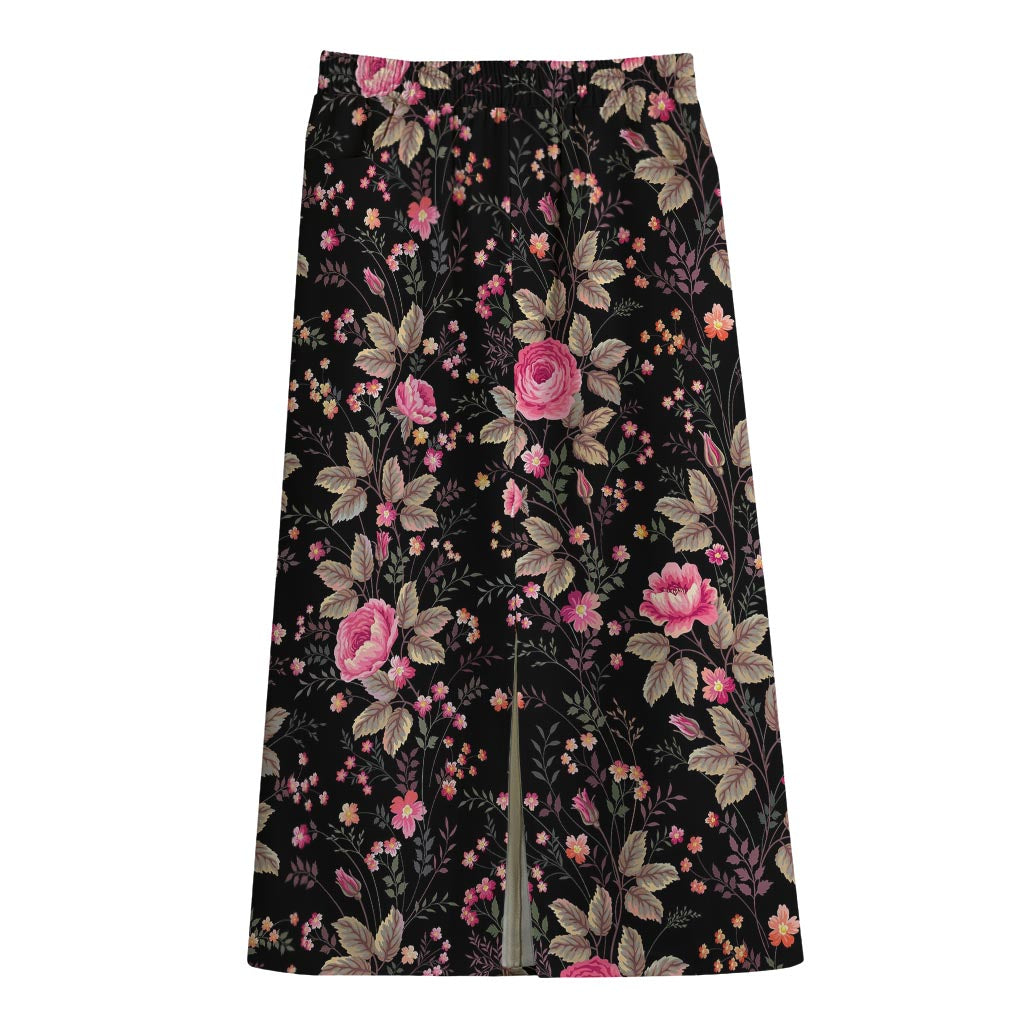 Pink Floral Flower Pattern Print Cotton Front Slit Maxi Skirt