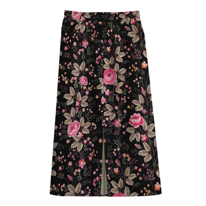 Pink Floral Flower Pattern Print Cotton Front Slit Maxi Skirt