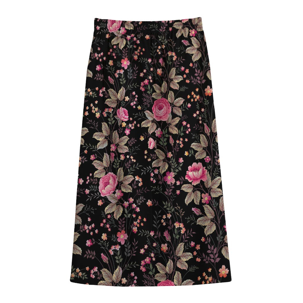 Pink Floral Flower Pattern Print Cotton Front Slit Maxi Skirt