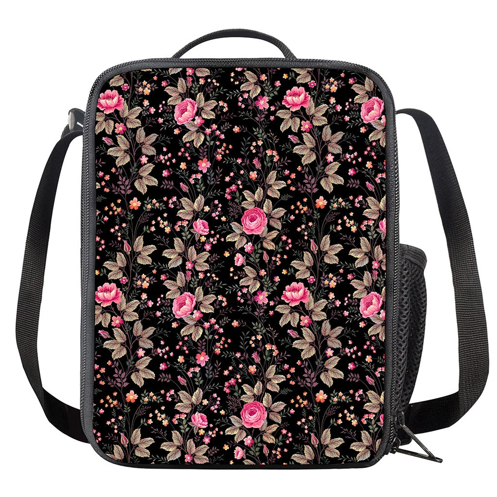 Pink Floral Flower Pattern Print Crossbody Lunch Bag