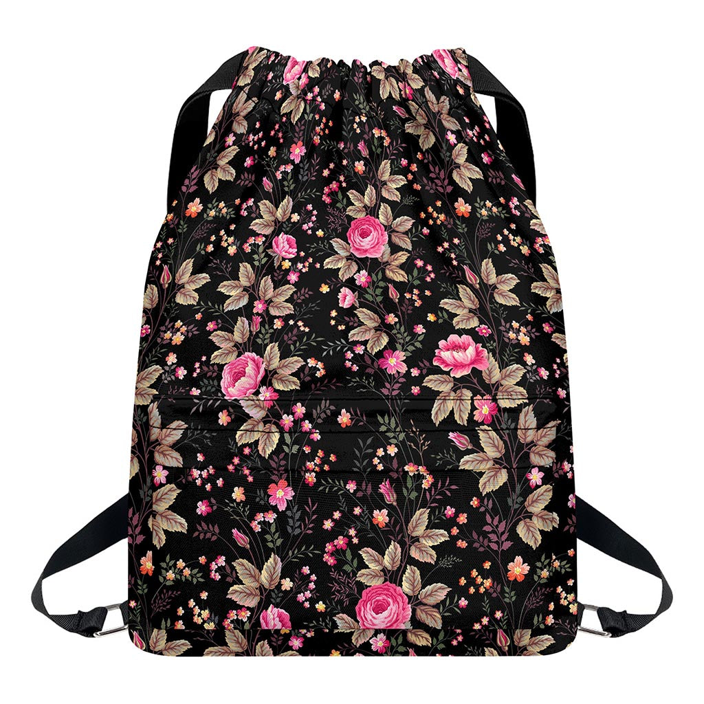 Pink Floral Flower Pattern Print Drawstring Backpack
