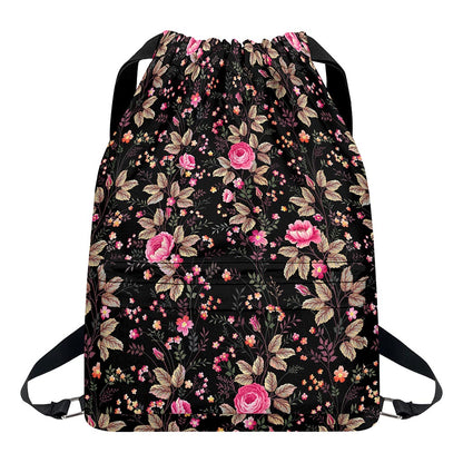 Pink Floral Flower Pattern Print Drawstring Backpack