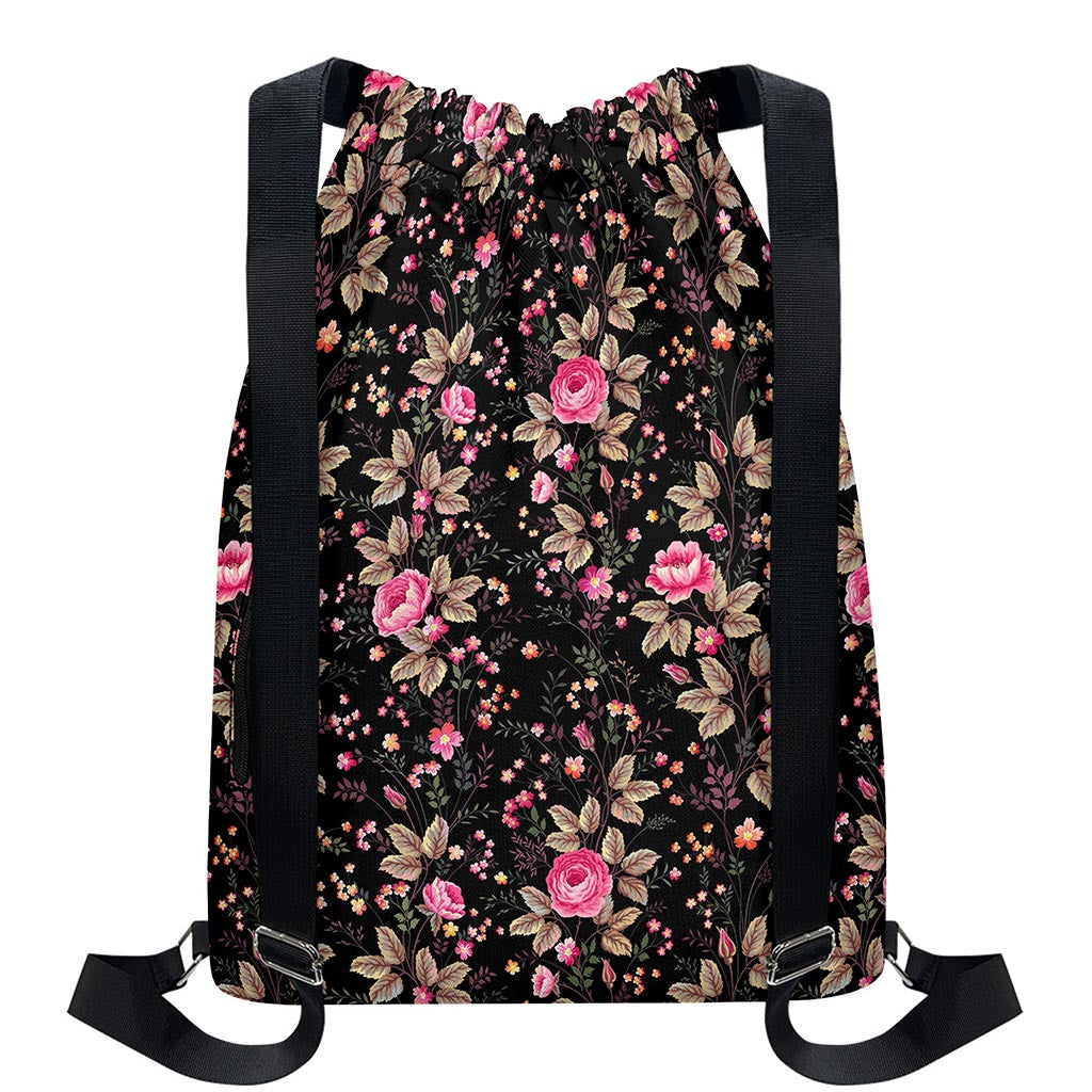 Pink Floral Flower Pattern Print Drawstring Backpack