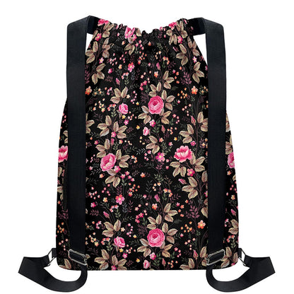 Pink Floral Flower Pattern Print Drawstring Backpack