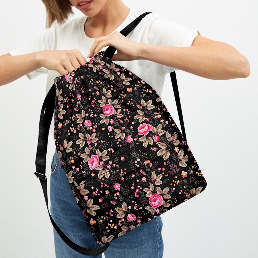 Pink Floral Flower Pattern Print Drawstring Backpack