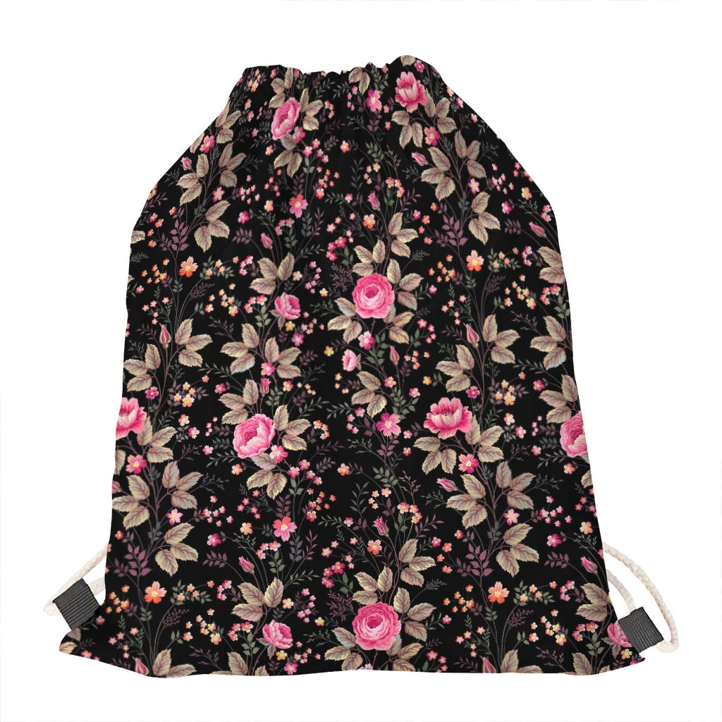 Pink Floral Flower Pattern Print Drawstring Bag