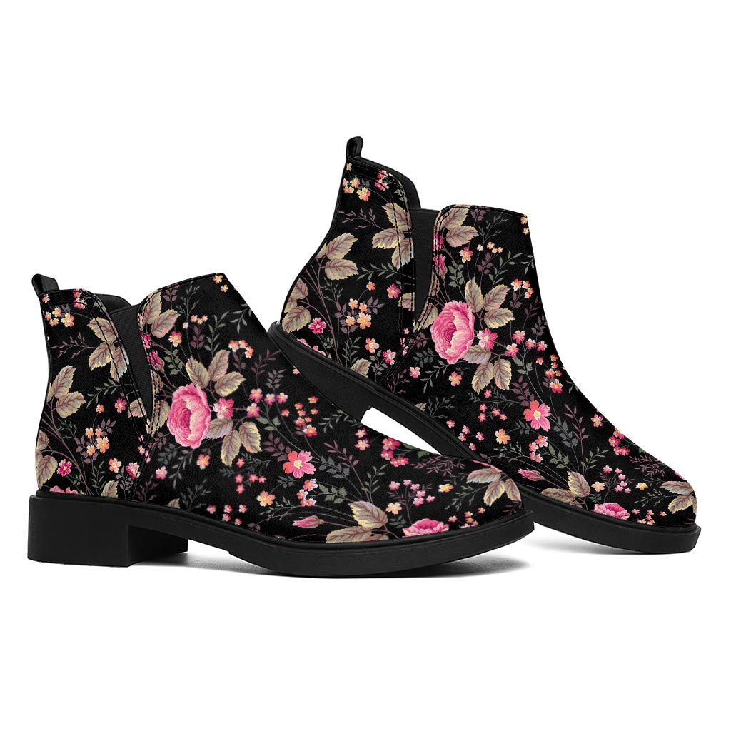 Pink Floral Flower Pattern Print Flat Ankle Boots