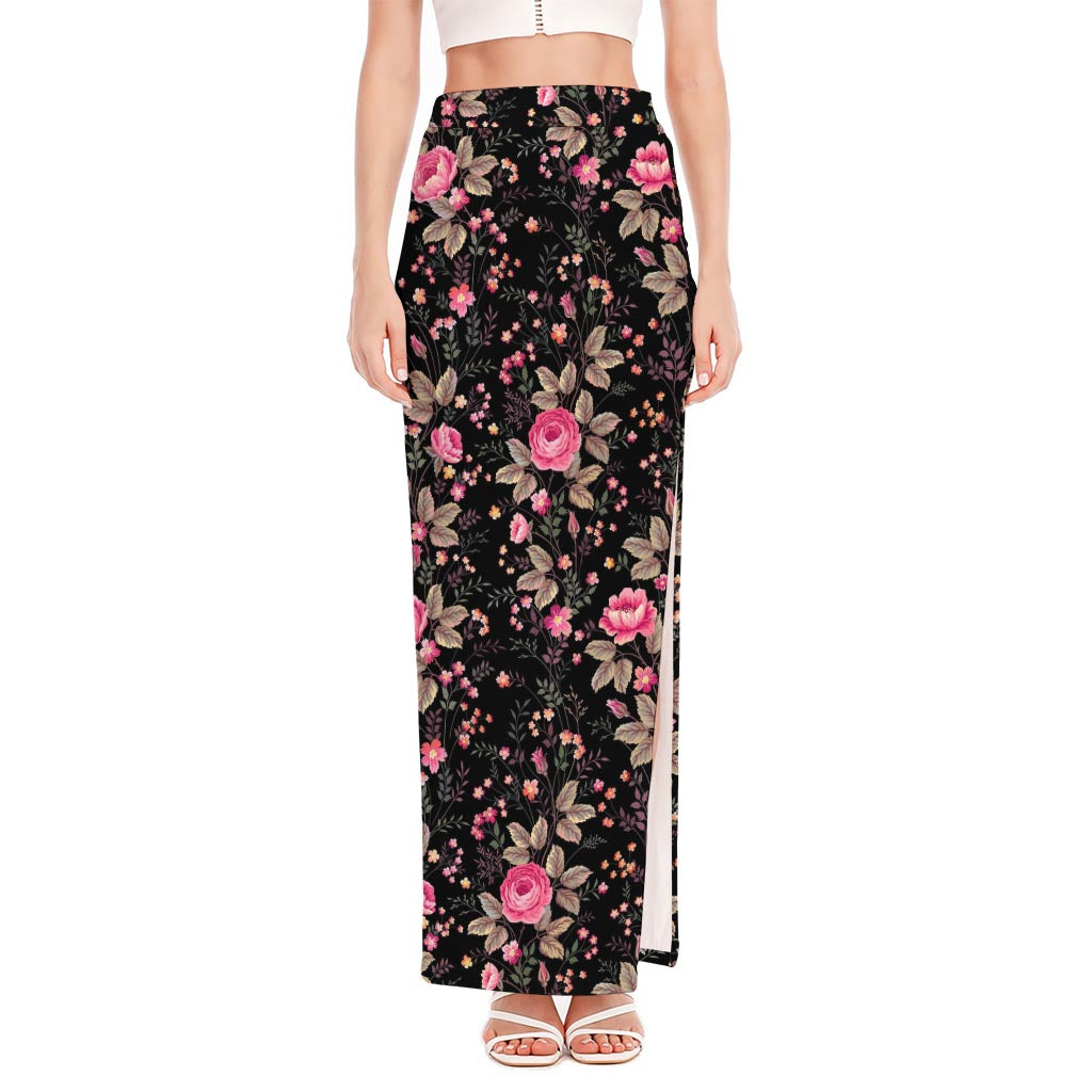 Pink Floral Flower Pattern Print High Slit Maxi Skirt