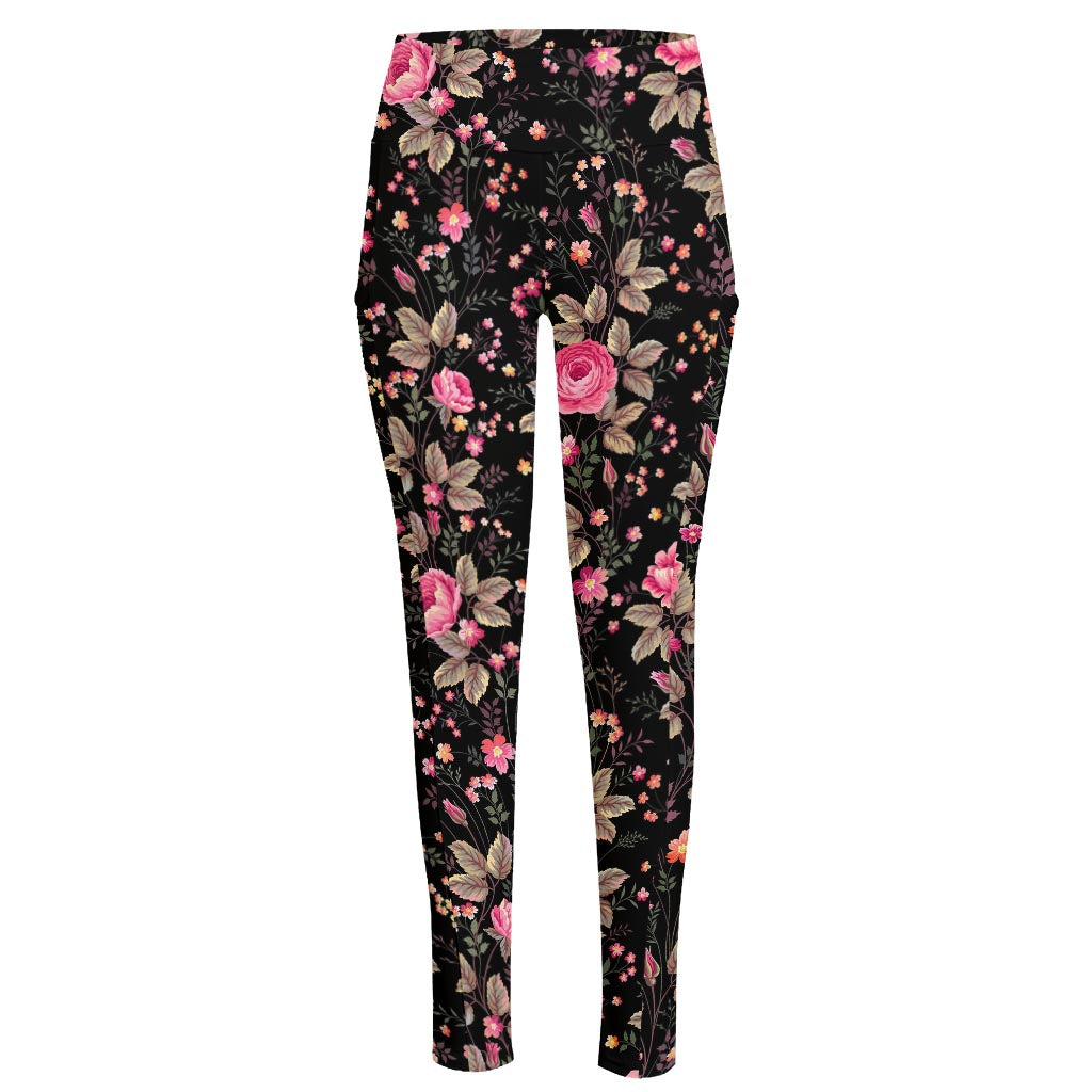 Pink Floral Flower Pattern Print High-Waisted Pocket Leggings