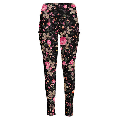 Pink Floral Flower Pattern Print High-Waisted Pocket Leggings