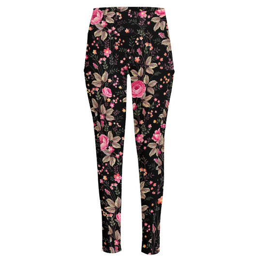 Pink Floral Flower Pattern Print High-Waisted Pocket Leggings