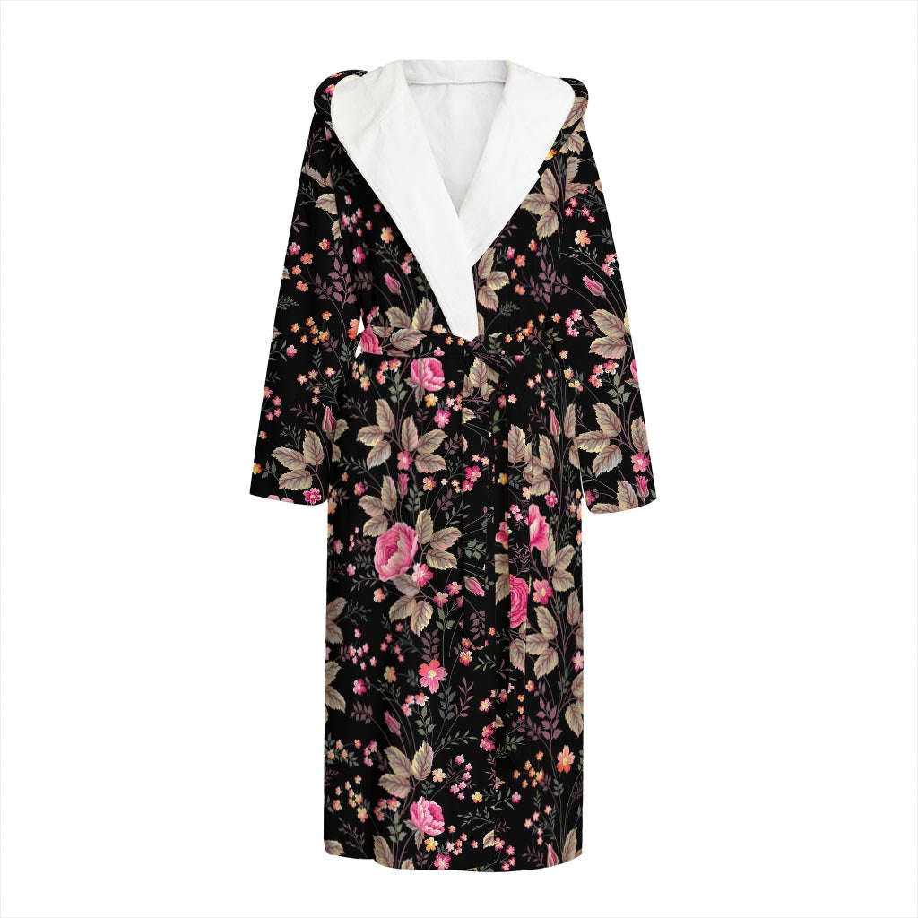 Pink Floral Flower Pattern Print Hooded Bathrobe