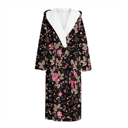 Pink Floral Flower Pattern Print Hooded Bathrobe