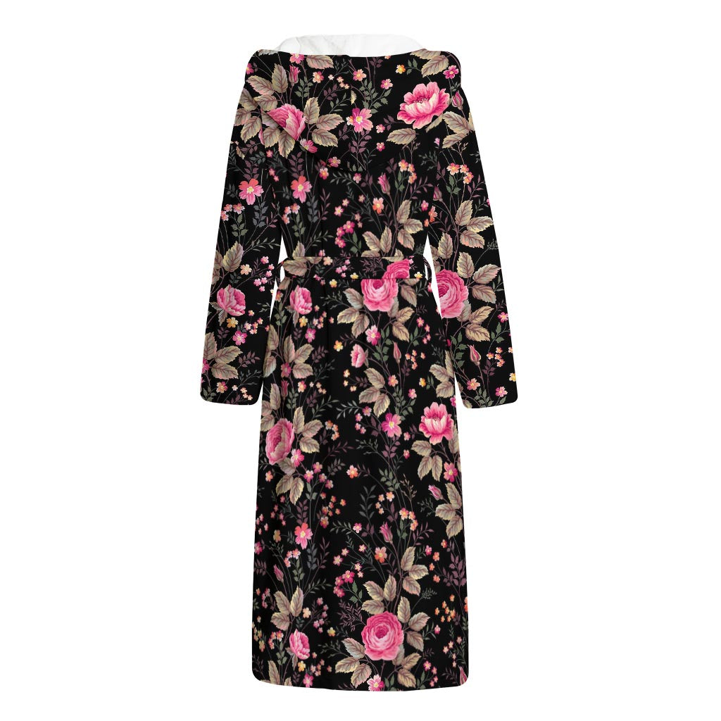 Pink Floral Flower Pattern Print Hooded Bathrobe