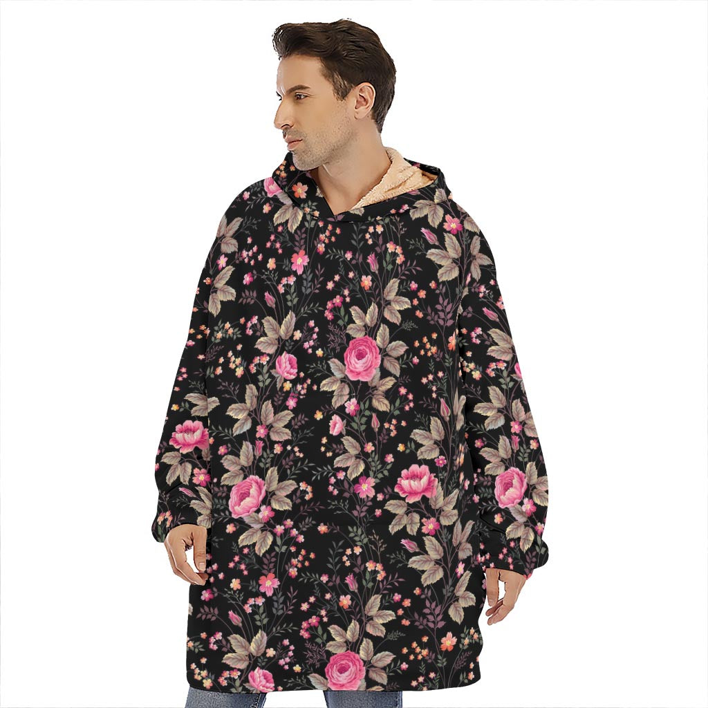 Pink Floral Flower Pattern Print Hoodie Blanket