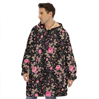 Pink Floral Flower Pattern Print Hoodie Blanket