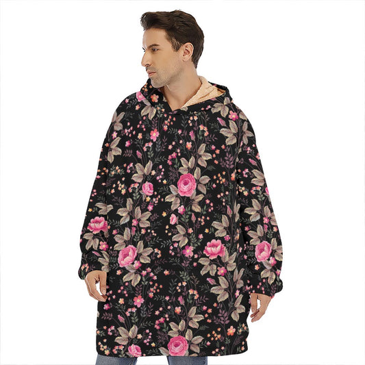 Pink Floral Flower Pattern Print Hoodie Blanket